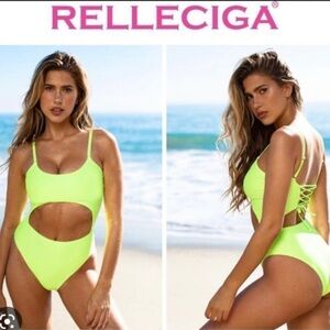 CLEARANCE  RELLECIGA high waisted 1 piece swimsuit cut out swimwear neon yellows